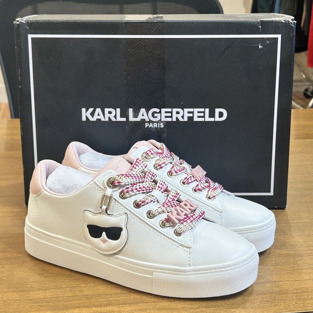 Karl Lagerfeld Capree Shoes Womens Size 6 White Blush Lace Up Logo Sneakers NIB